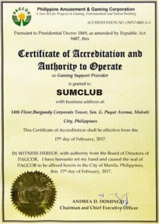 Giấy phép hoạt động của Sumclub từ PAGCOR